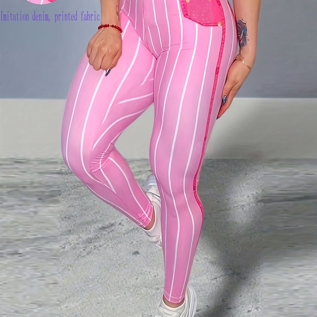 Daerling Women's Fashion Leggings - Elegant Pink & White Striped Print, High-Waisted, Stretchy Polyester Blend with Elastic Detail, Machine Washable - Slimming Effect for All Seasons, Bottoming