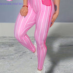 Daerling Women's Fashion Leggings - Elegant Pink & White Striped Print, High-Waisted, Stretchy Polyester Blend with Elastic Detail, Machine Washable - Slimming Effect for All Seasons, Bottoming
