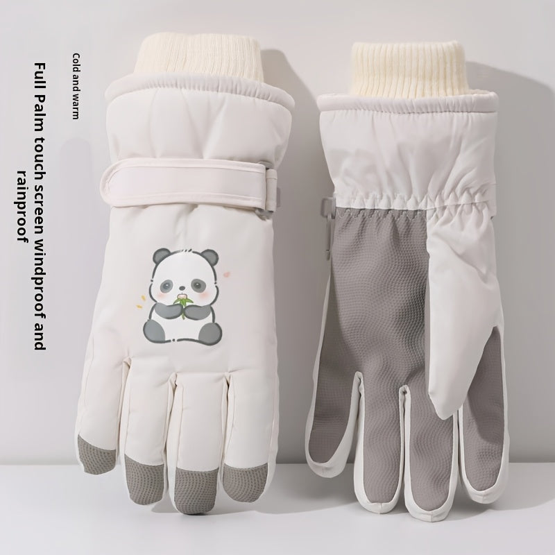 1 Pair Women'S Winter Ski Gloves, Cute Panda Design, Touchscreen Compatible, Polyester Thermal Lining, Velvet Palm, Magic Tape Closure, Hand Washable, Weather-Resistant
