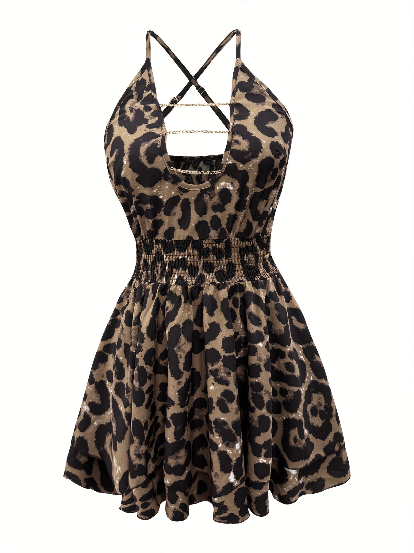 Sexy Leopard Print Sleeveless V-Neck Dress with Adjustable Buckle Waist & Metallic Chain Accents - Short Flared Skirt, Machine Washable Spring/Summer Party Dress for Women