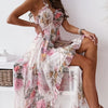 Elegant Floral Printed Chiffon A-Line Dress, V-Neck, Polyester 100%, 120g/m², Cross Weave, with Pleated Skirt, for Women, Spring/Summer/Fall