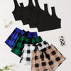 4 sets 4-Piece Plaid Print Lounge Set: Casual Crop Top & Lace Bow Shorts for Women