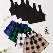 4 sets 4-Piece Plaid Print Lounge Set: Casual Crop Top & Lace Bow Shorts for Women