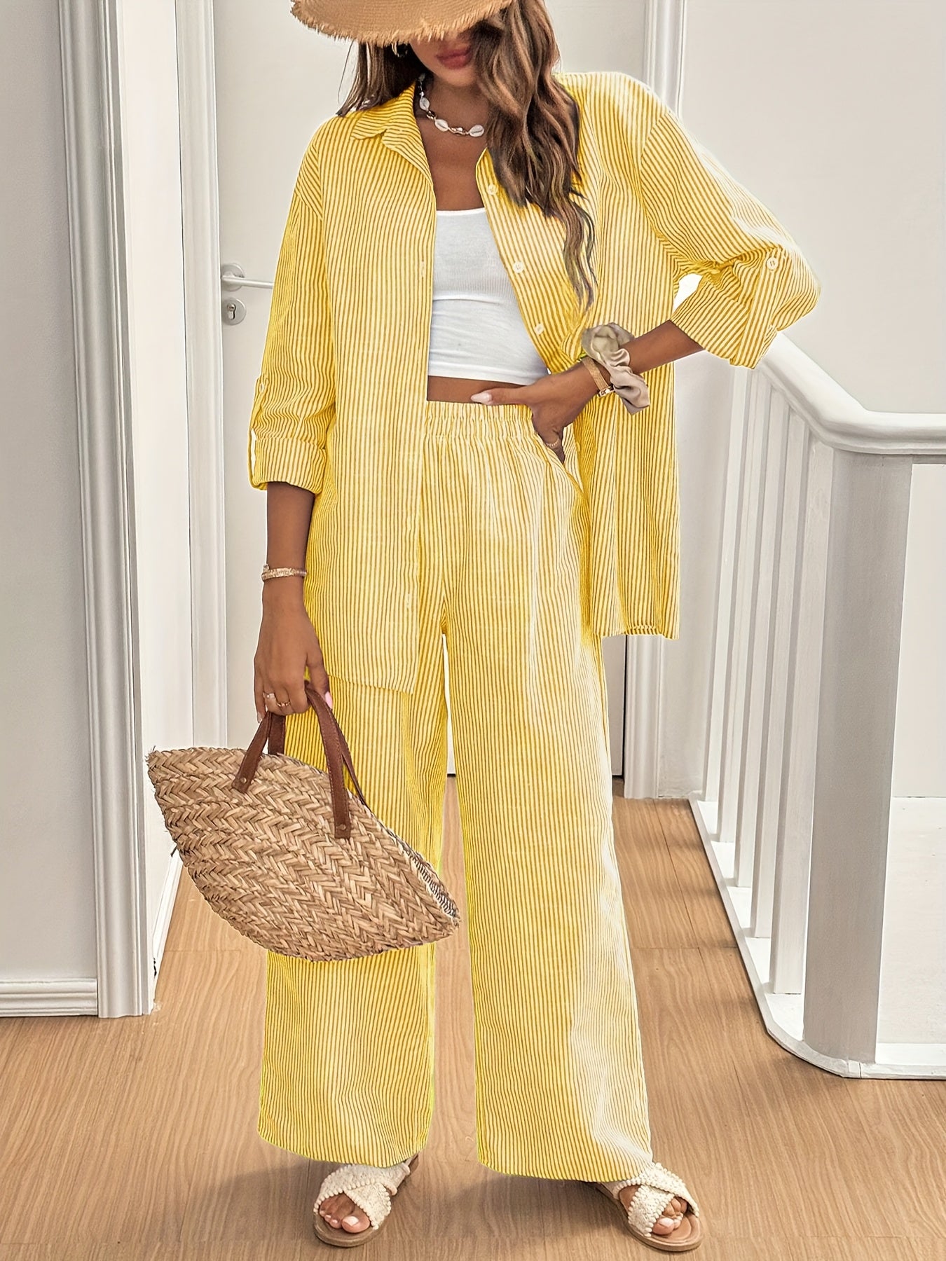 Women's Striped Polyester Two-Piece Set for Spring and Autumn, Casual Style Evening Mist
