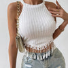 Chic Summer French-Inspired Women's Sleeveless Tank Top with Lace Detail - Solid Color, Knit Fabric, Machine Washable