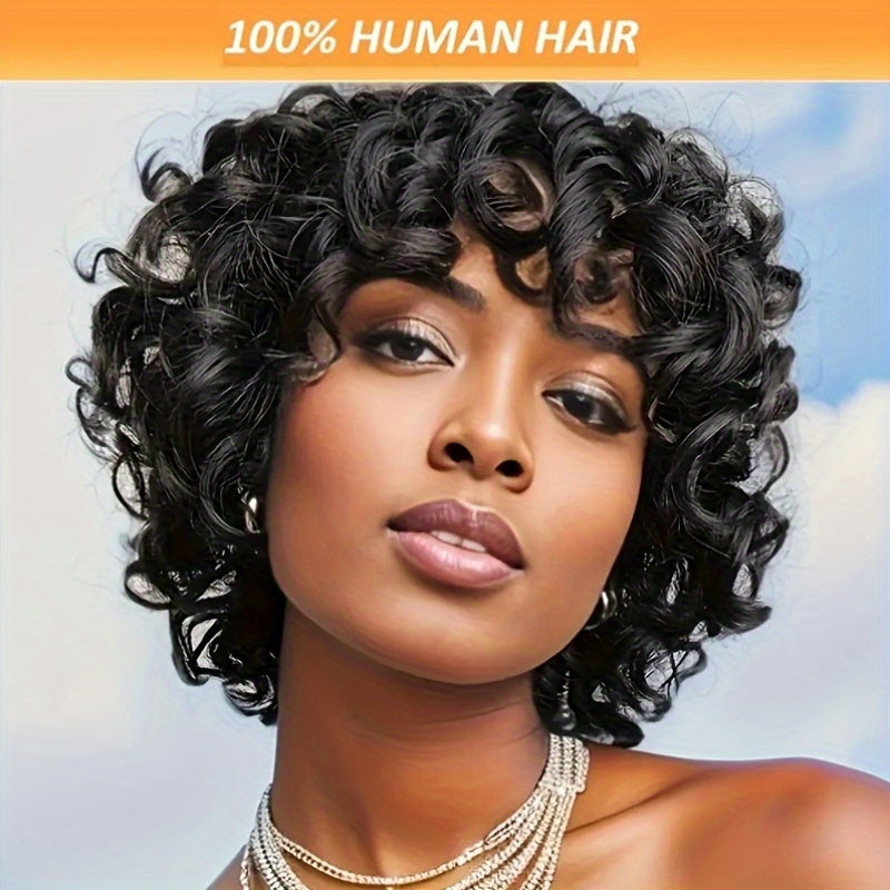 180% Density Bouncy Afro Loose Curls Short Bob Wig - 100% Human Hair, Pixie Cut, Bangs, Rose Cap, Glueless Put-On for All Ethnicities