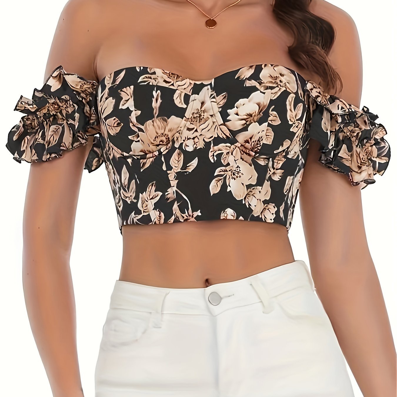 Elegant Vintage Floral Print Backless Ruffle Trim Crop Top with Built-In Bra - Machine Washable, Polyester