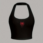 Spider Pattern Halter Neck Top, Y2K Backless Crop Halter Top For Summer, Women's Clothing