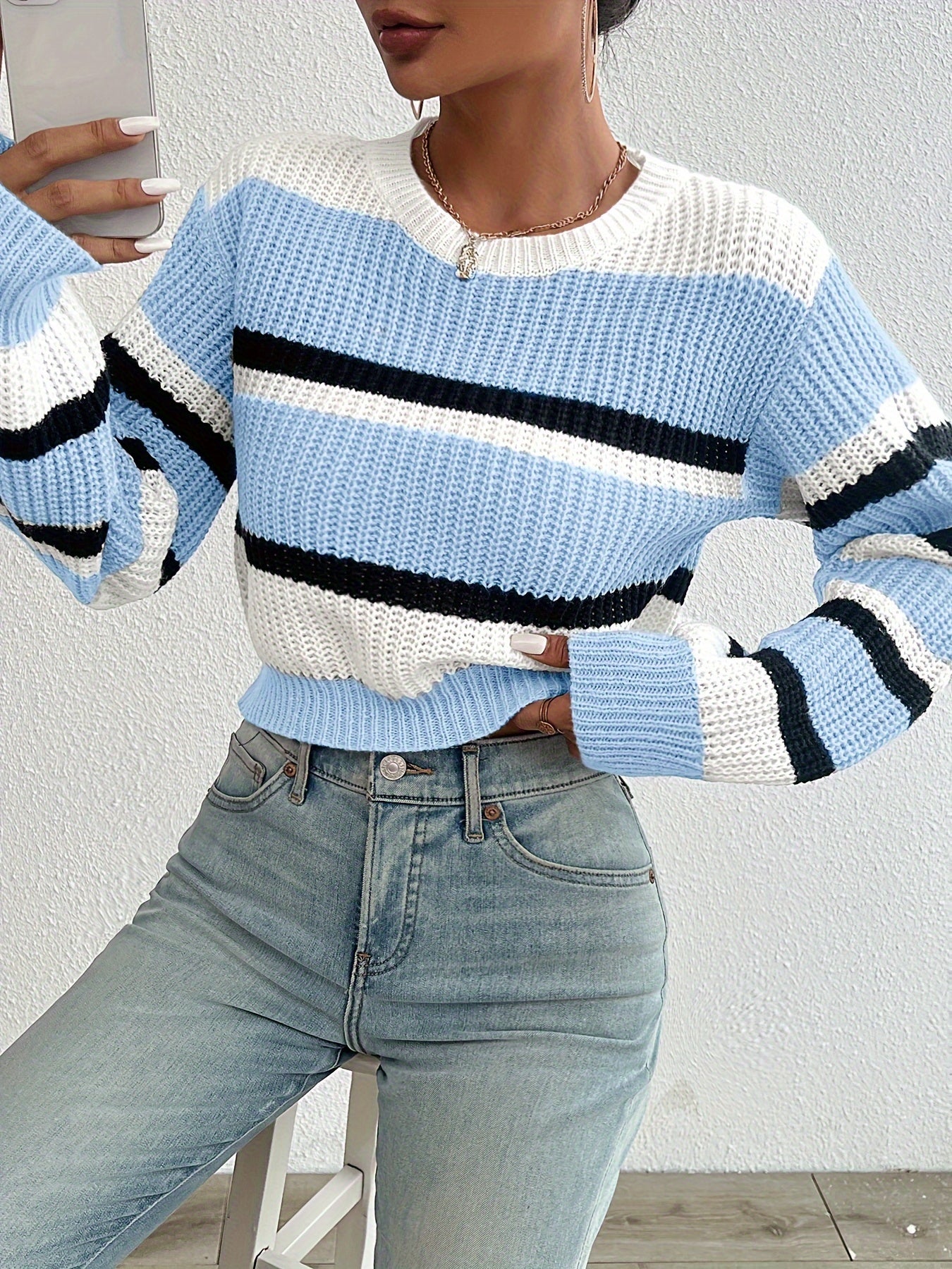 Casual Colorblock Knitted Crew Neck Sweater - Drop Shoulder Long Sleeve - Women's Clothing