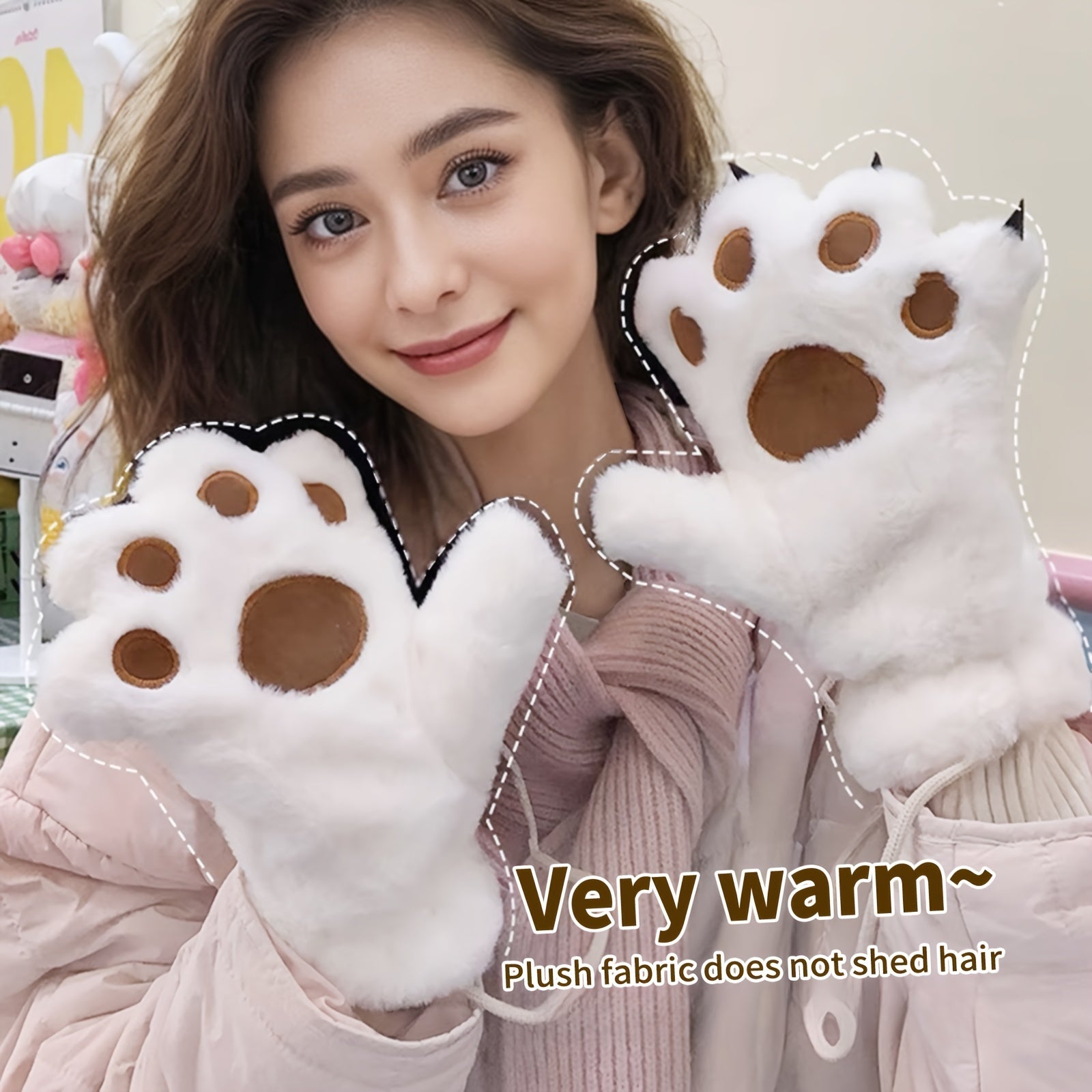 Cozy Cat Paw Plush Mittens - Ultra-Warm, Windproof Thick Fleece Gloves with Cute Animal Design for Cycling, Skiing & Outdoor Activities, White with Brown Accents