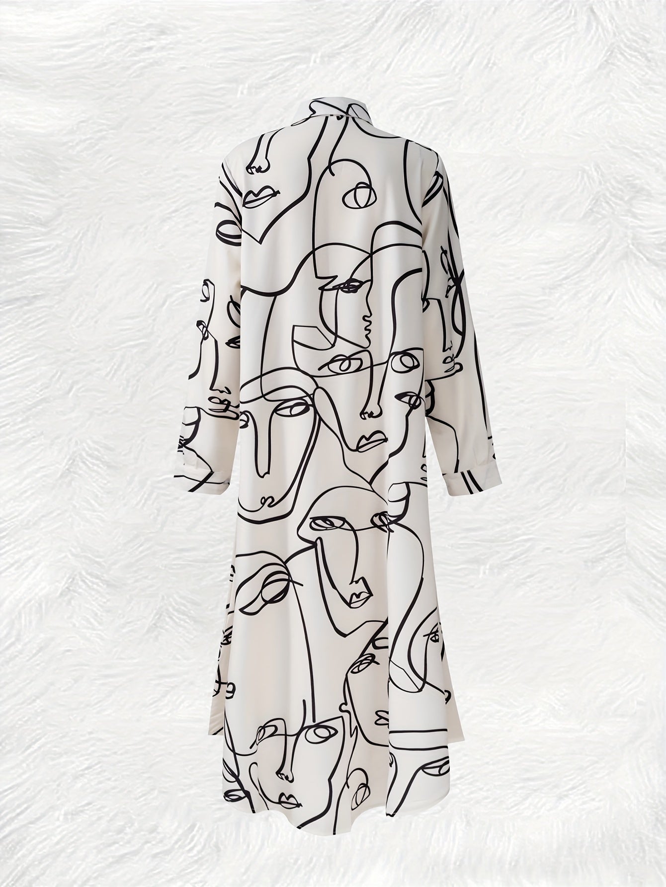 Abstract Face Print Button Up Shirt Dress, Vacation Long Sleeve Collared Loose Maxi Dress, Women's Clothing
