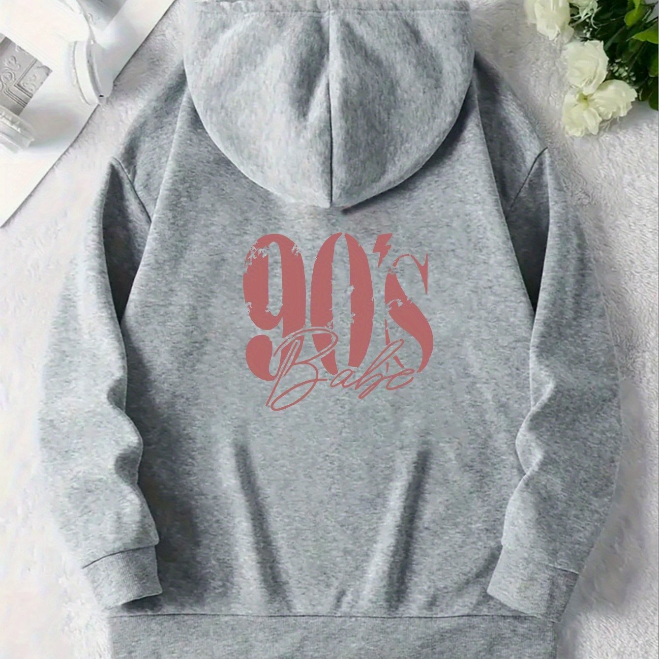 Y2K-Inspired '90'S Baba' Graphic Print Hoodie for Women - Casual Long Sleeve, Kangaroo Pocket, Drop Shoulder Design, Street Style, Machine Washable, Perfect for Spring & Summe