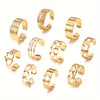[10 Golden Rings Geometric Heart] Set Of 10 Golden Rings With Hollowed-out Heart And Geometric Patterns, Multiple Pieces Of Summer Toe Rings