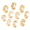 [10 Golden Rings Geometric Heart] Set Of 10 Golden Rings With Hollowed-out Heart And Geometric Patterns, Multiple Pieces Of Summer Toe Rings