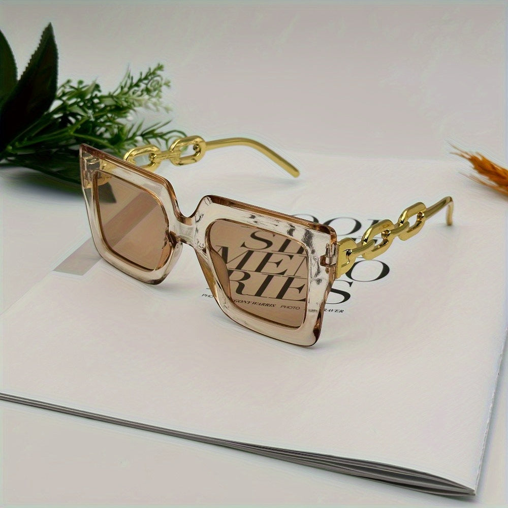 Ladies' Luxurious Square-shaped Fashionable Glasses, With Golden Chain Legs, Reflective Lenses, Transparent Frames, Very Suitable For Vacation And Casual Wear During Classes | Decorative Chain Details | Golden Decoration
