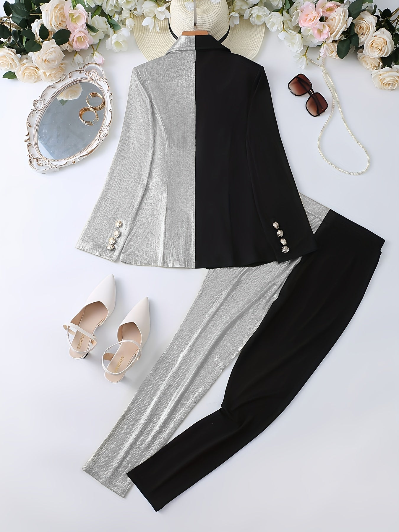Double Breasted Long Sleeve Blazer Two-piece Set - Elegant Color Block Women's Clothing - Pants Outfits