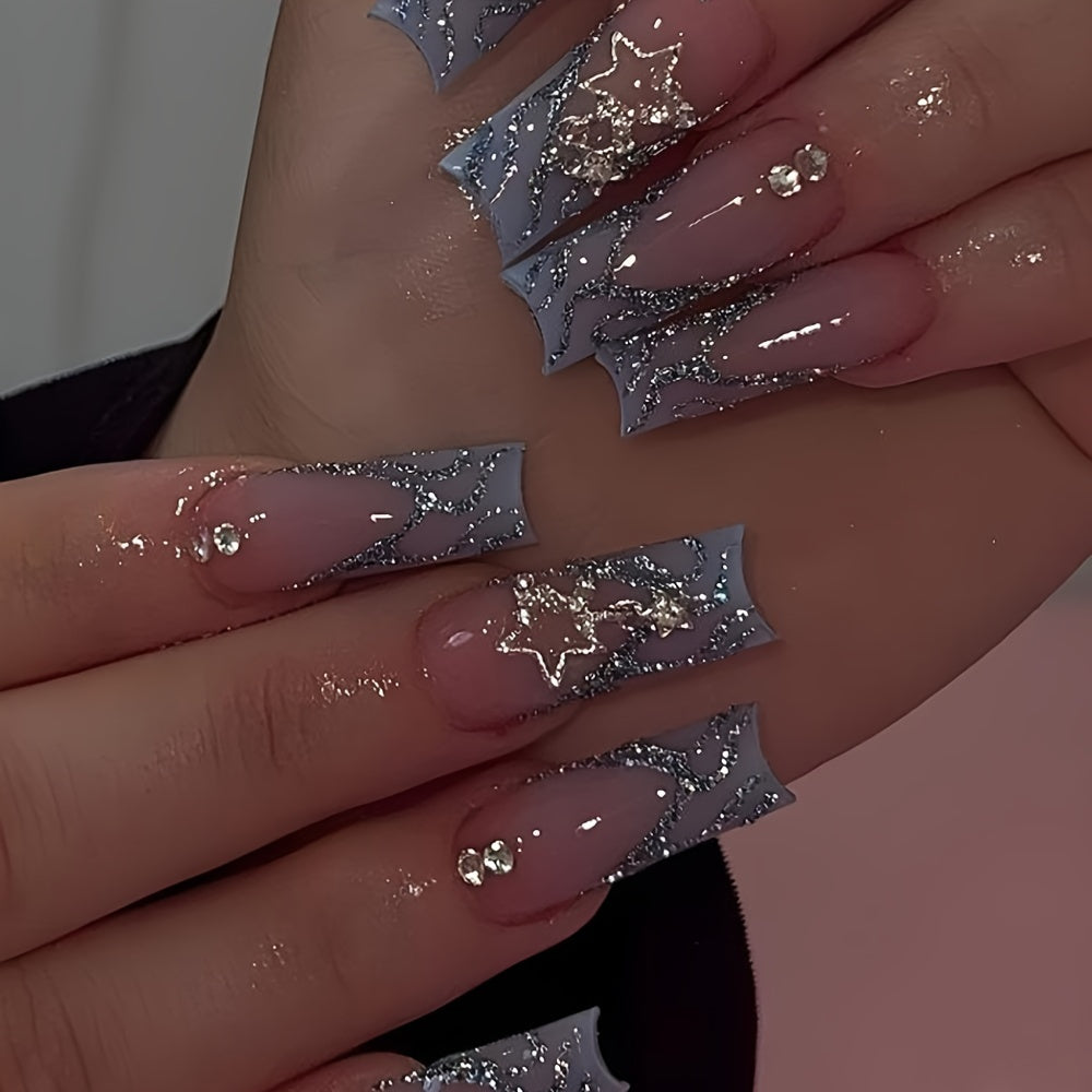 5-Pack (120 Pcs) Long Coffin Press-On Nails with Glittering French Tip - 3D Flower & Heart Rhinestone Design + 20pcs Ring Set - Mixed Glossy Finish, Adhesive Tabs & Nail File Included - Ultimate Glam for Women
