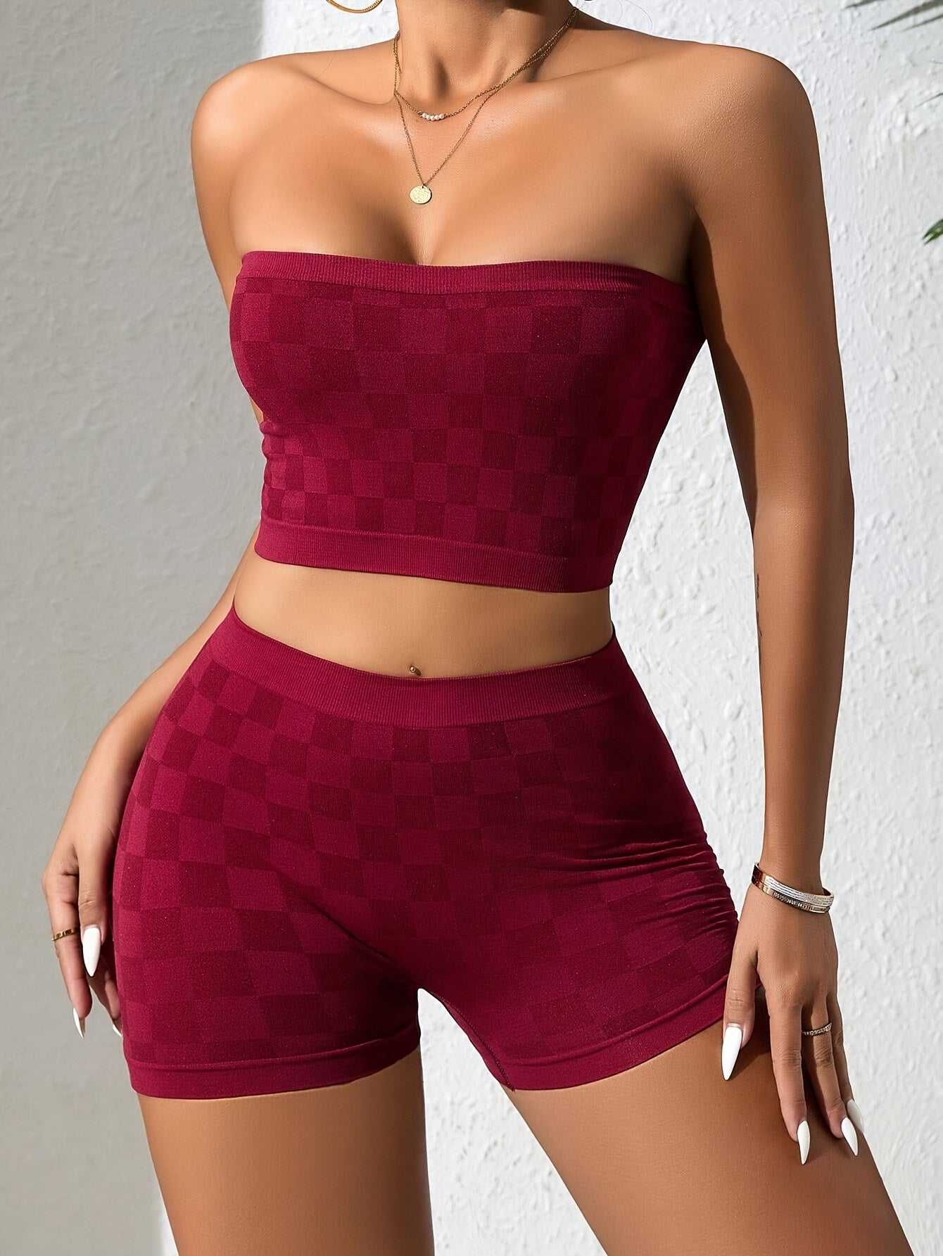 Women's Fashion Plaid Tube Top and Shorts Set, Simple Valentine's Day Gift