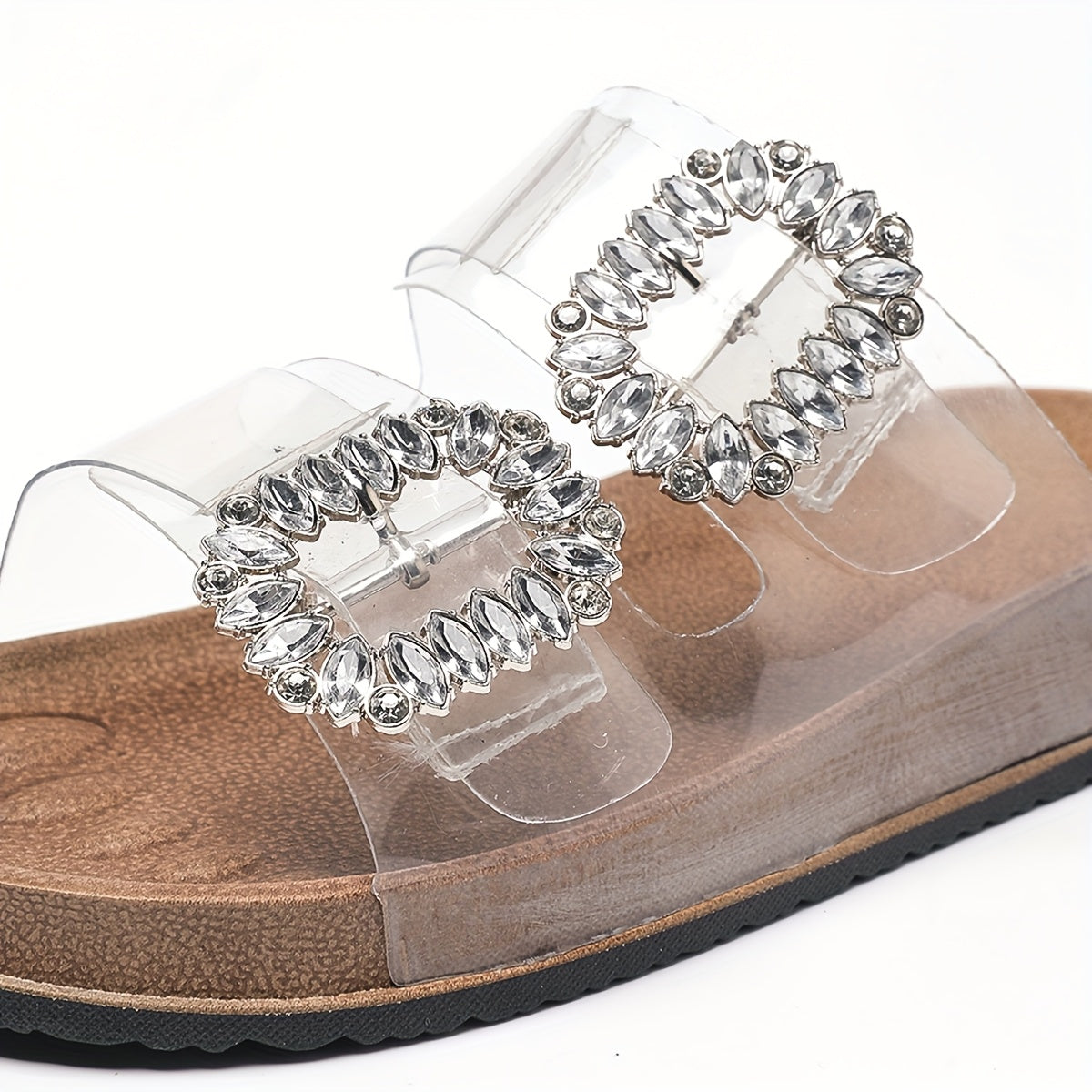 Women's Casual Versatile Double Strap and Buckle Flat Slippers, New Summer Rhinestone Square Buckle Outdoor Thick Sole Transparent Beach Shoes