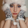 1 Pair of Plush Leopard Print Fingerless Mittens for Women - Cozy & Warm Knit Gloves with Adjustable Lace-Up Wrist, Vintage Harajuku Style, Machine Washable for Autumn/Winter Elegance