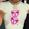 Y2K-Inspired Heart & Face Print Crop Top - Casual Short Sleeve T-Shirt for Women, Breathable Polyester Blend, Machine Washable, Round Neck, Belly Button