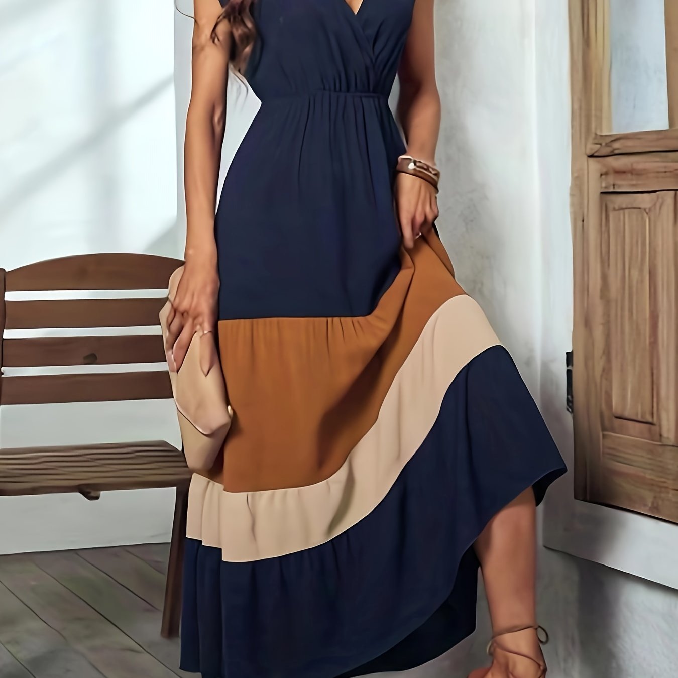 Vibrant Color Block Surplice Neck Maxi Dress - Elegant Sleeveless A-Line Silhouette, Micro Elasticity, Polyester Fabric, Solid Color, Summer Essential - Womens Elegant Clothing for Special Occasions