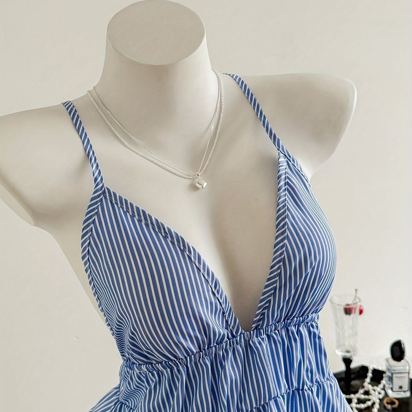 Elegant Blue & White Striped Halter Neck Dress - Casual Summer Fashion for Women, Sleeveless with V-Neckline, Stylish Accessory, Casual Attire|Striped Pattern|Elegant Neckline