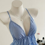 Elegant Blue & White Striped Halter Neck Dress - Casual Summer Fashion for Women, Sleeveless with V-Neckline, Stylish Accessory, Casual Attire|Striped Pattern|Elegant Neckline