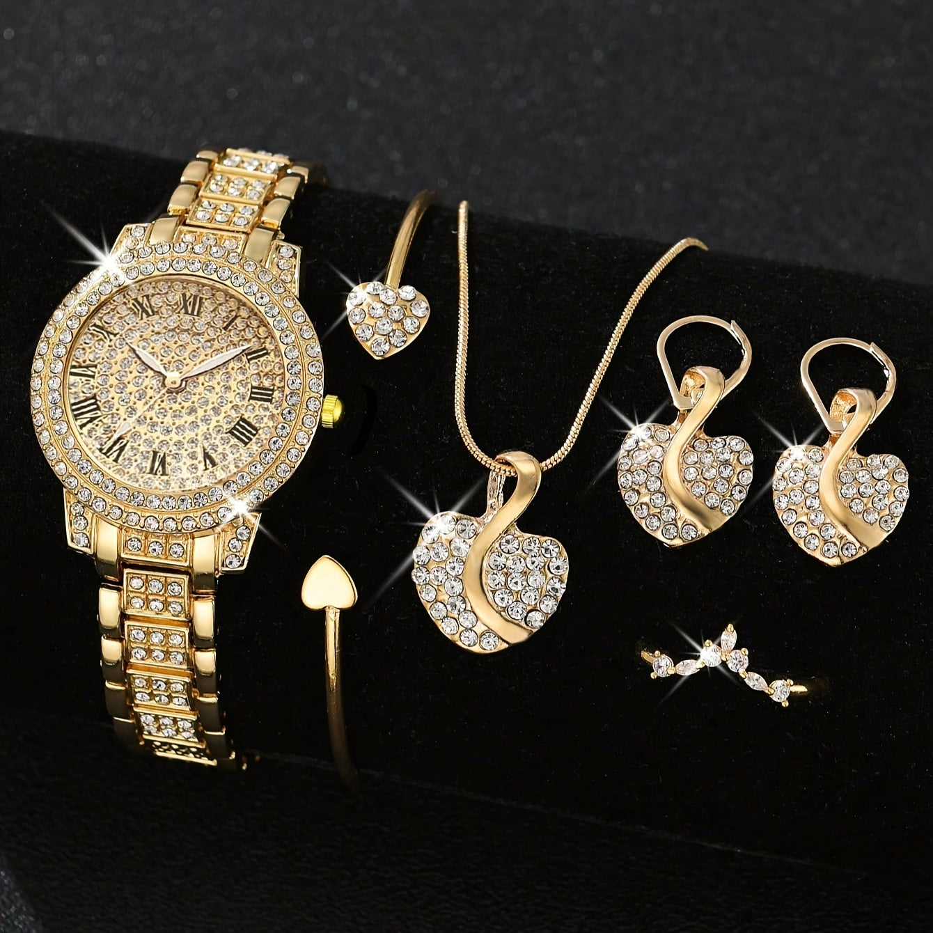 6pcs/set Women's Luxury Rhinestone Quartz Watch Shiny Golden Fashion Analog Wrist Watch & Jewelry Set, Gift For Mom Her