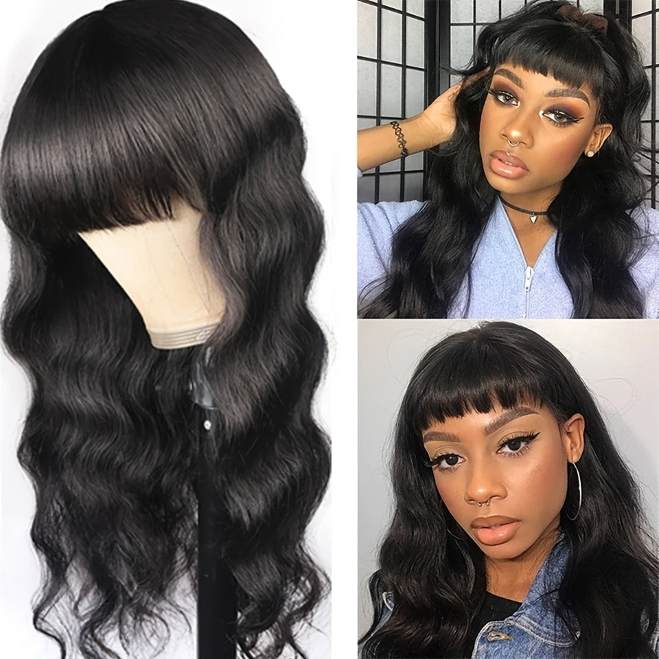 Human Hair Wigs With Bangs Body Wave 230% Density Full Machine Made Human Hair Wigs For Women Girls None Lace Front Wigs Glueless Scarf Wigs With Bangs Natural Color Christmas New Year'S Gifts