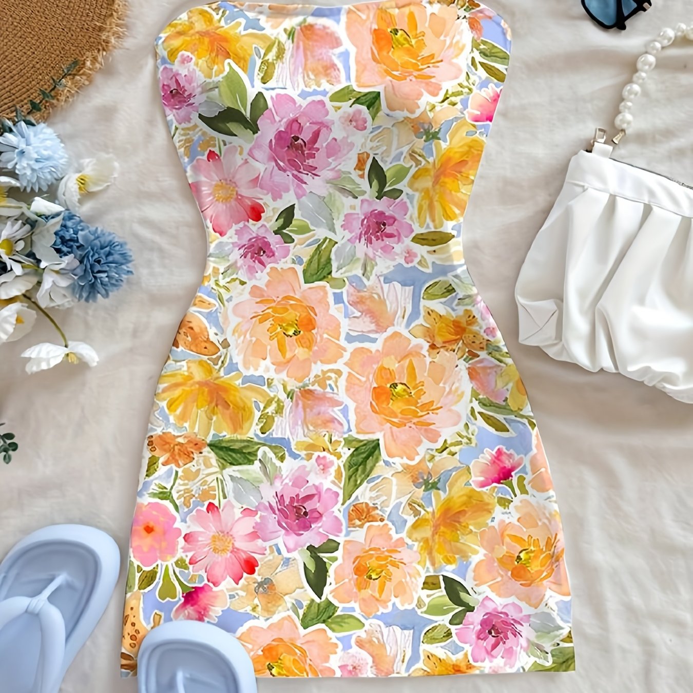 Women'S Floral Print Mini Dress - Vibrant Hibiscus & Rose Design, Sleeveless A-Line Summer Dress for Casual & Holiday Wear, Cute Summer Dresse
