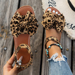[Cute Bowknot Women's Flat Sandals] Women's Cute Bowknot Flat Sandals, Leopard Print Elegant Open Toe Sandals, Casual Outdoor Beach Sandals