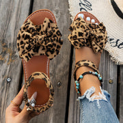 [Cute Bowknot Women's Flat Sandals] Women's Cute Bowknot Flat Sandals, Leopard Print Elegant Open Toe Sandals, Casual Outdoor Beach Sandals