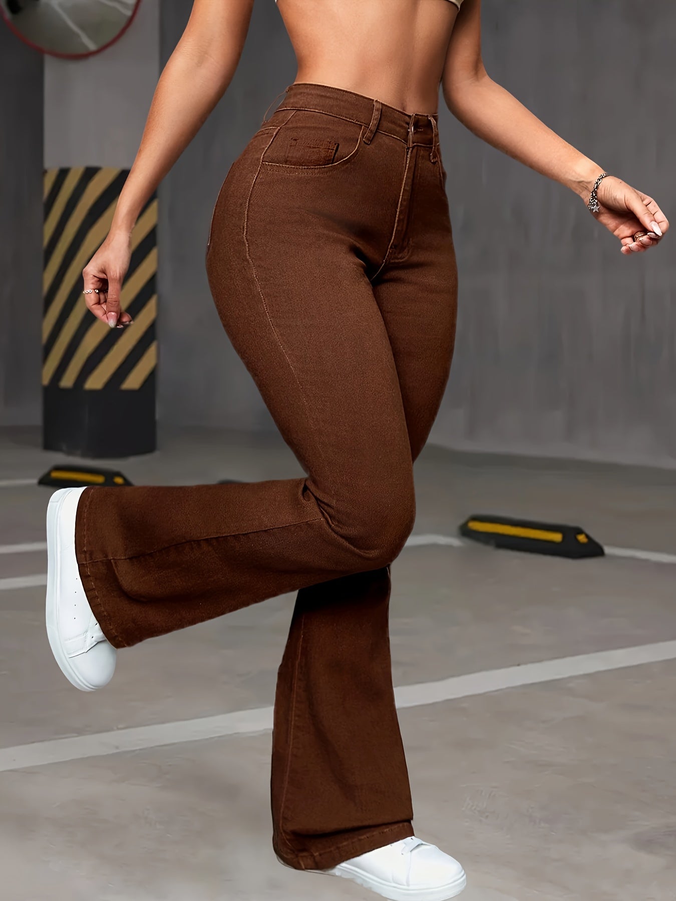 Women's High-Waisted Stretch Denim Flare Jeans in Coffee Brown - Comfortable All-Season Bell Bottoms with Button Closure, Slant Pockets, and High Elasticity Cotton Fabric