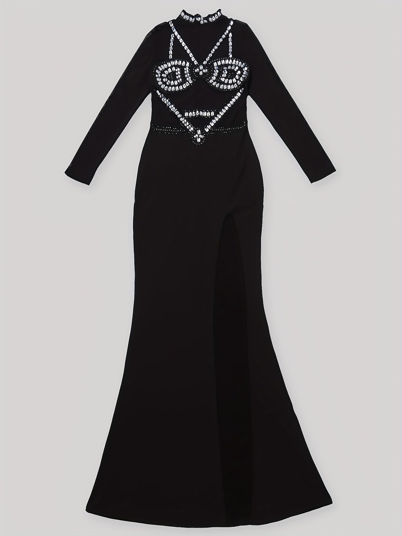 PORRCEY Women's Sexy Rhinestone Evening Dress - Mesh & Rhinestone Detailing, Bodycon Silhouette, Semi-Sheer Long Sleeve Party Gown with Stand-Up Collar, Hand Wash Only, All-Season Formal Wear, Chic Dress