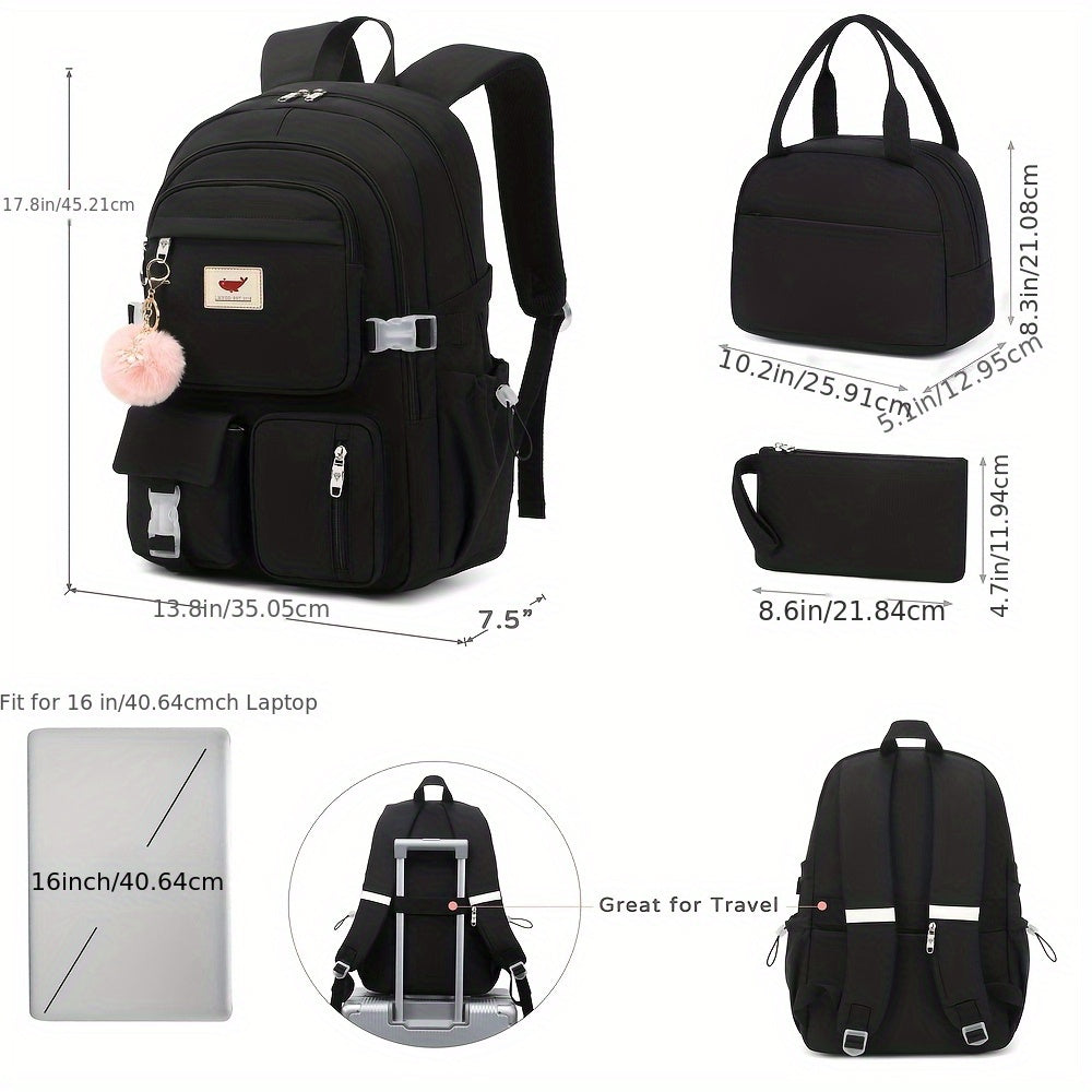 HIDDS Preppy Style 3pcs Backpack Set with Lunch & Pen Case, Nylon Urban Theme Women'S Travel College Backpack, Adjustable Straps, Zipper Closure, Solid Black - Fits 15.6" Laptop