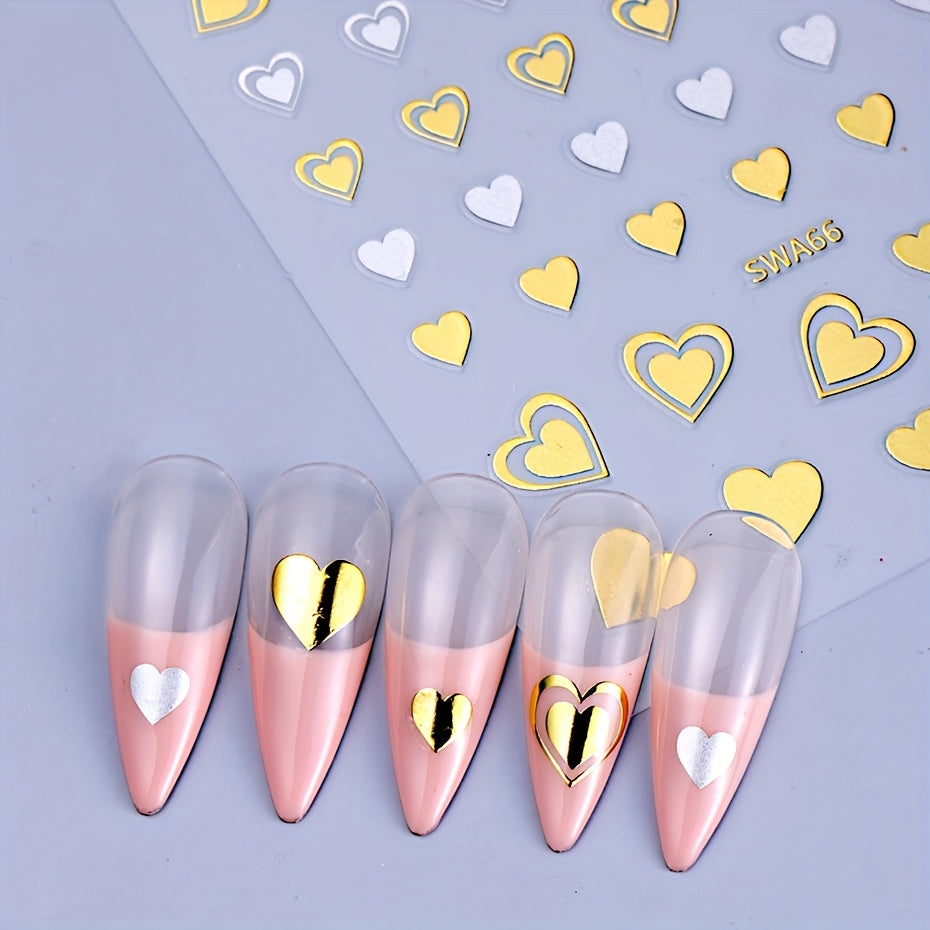 8pcs Rectangle Self-adhesive Glossy Plastic Nail Stickers, Pink Black White, Heart Pattern, Valentine Design, Golden Geometry Wave Lines Stripe Stars, Fantasy Theme, with Glitter, for Manicure Decoration