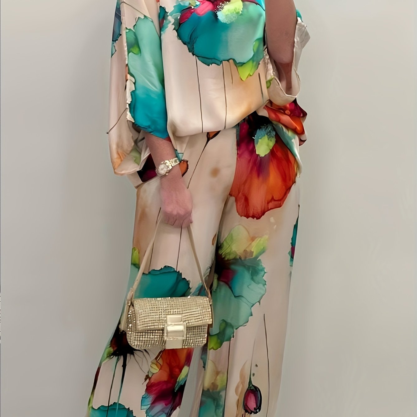 2025 Women's Spring Casual Floral Print Two-Piece Set with Summer T-Shirt and Wide-Leg Pants Fashionable Outfit