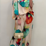 2025 Women's Spring Casual Floral Print Two-Piece Set with Summer T-Shirt and Wide-Leg Pants Fashionable Outfit