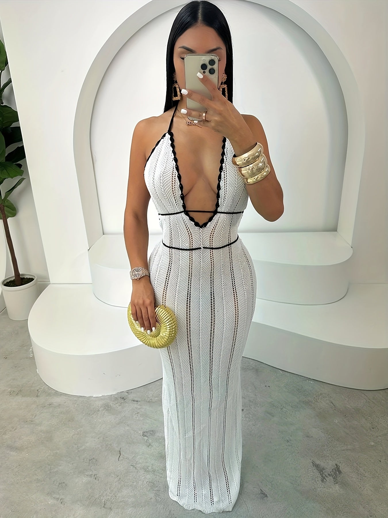 Elegant White Lace Backless Mini Dress with Golden Accents - Sleeveless, V-Neck, Ruched Detail, Perfect for Beach & Holiday Parties, Beach Party Dress | Lace Mini Dress | Ruched Detail Dress