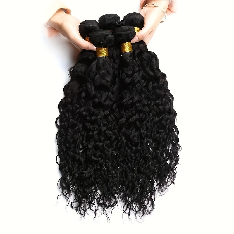 4 Bundles Water Wave Human Hair with 4x4 Lace Closure - 100% Virgin Remy Hair, Unprocessed Curly Wet and Wavy Weave for Natural Look, Includes Frontal Closure, Perfect for All Ethnicities