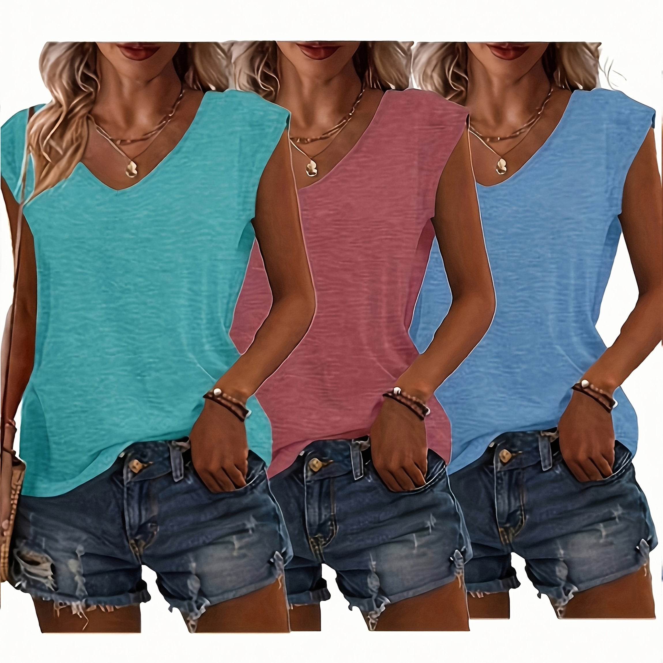 [Versatile | Cute] 3pcs Women's Lightweight Casual V-Neck Short Sleeve T-Shirts | Polyester Blend, Solid Colors | Perfect for Spring & Summer Outfits