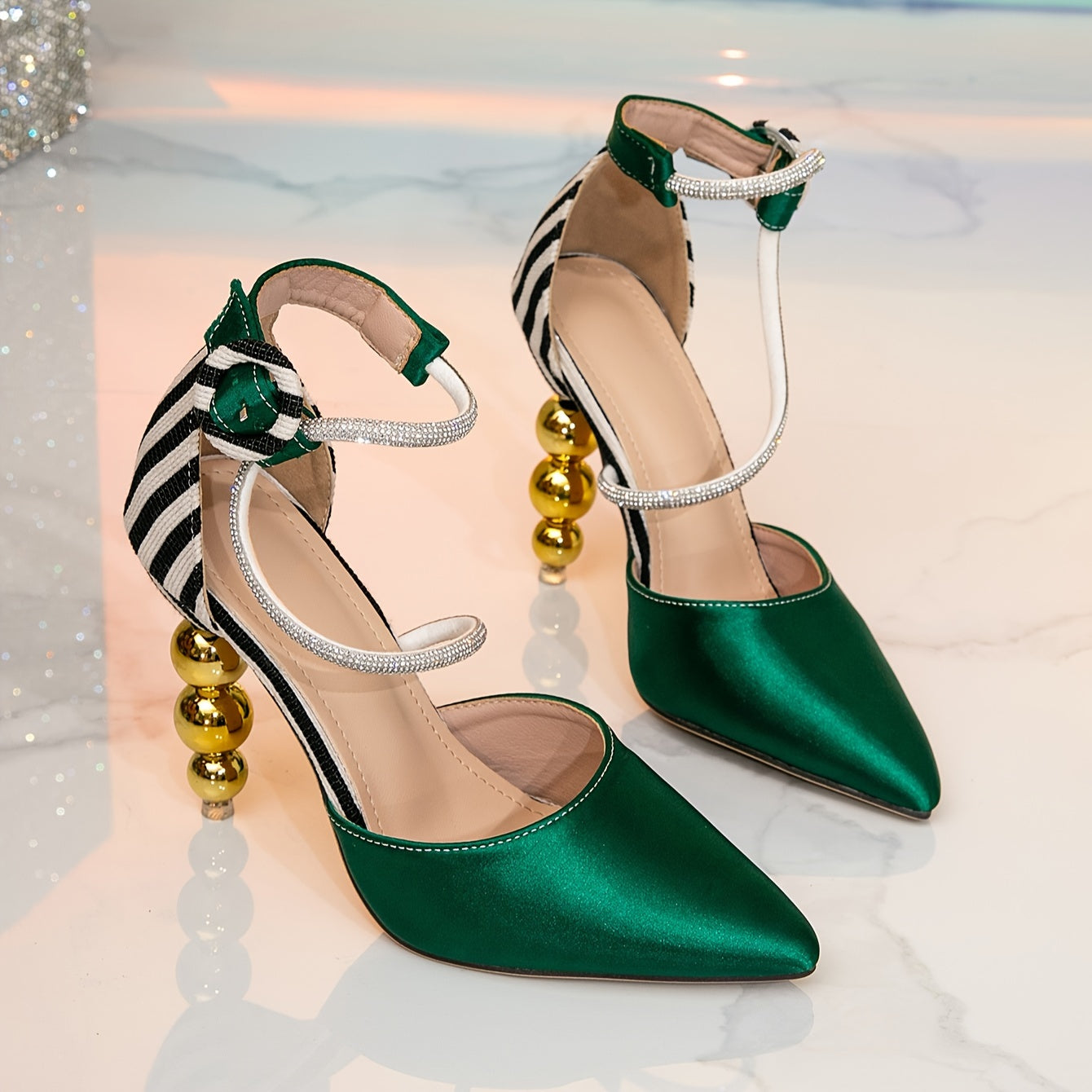 Elegant Green High Heel Shoes for Women - Summer 2024 Collection, Pointed Toe with Sequin Accents & Bowknot Ankle Strap, Stylish Wedding & Party Shoes, PVC Material, Chunky Heel Shoes