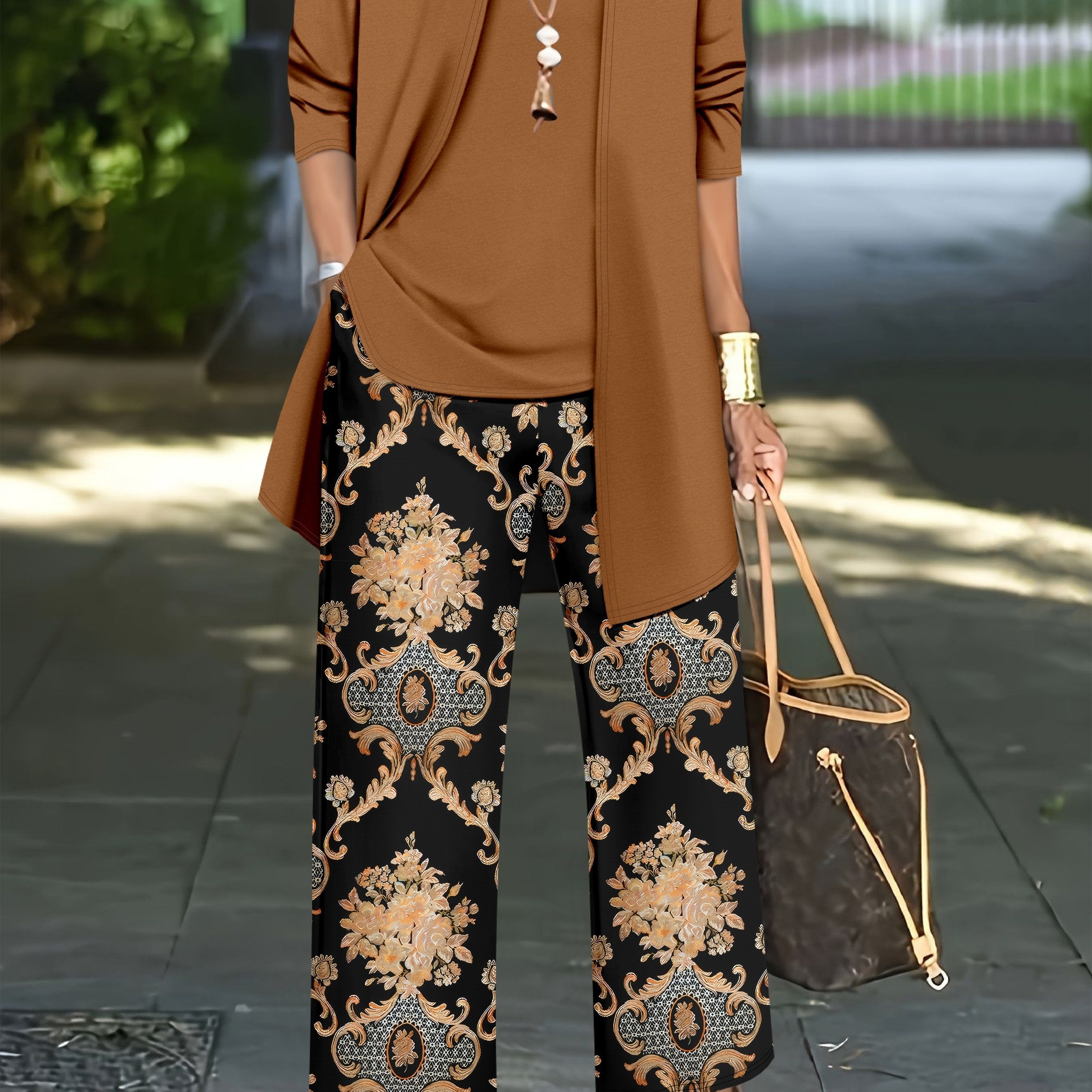 Women'S Elegant Plus Size Solid Color Cardigan and Tank Top Set with Paisley Print Pants - Stylish Three-Piece Outfit for Casual Attire, Casual Attire|Paisley Print Pants|Stretchy Fabric, Plus Size Clothing