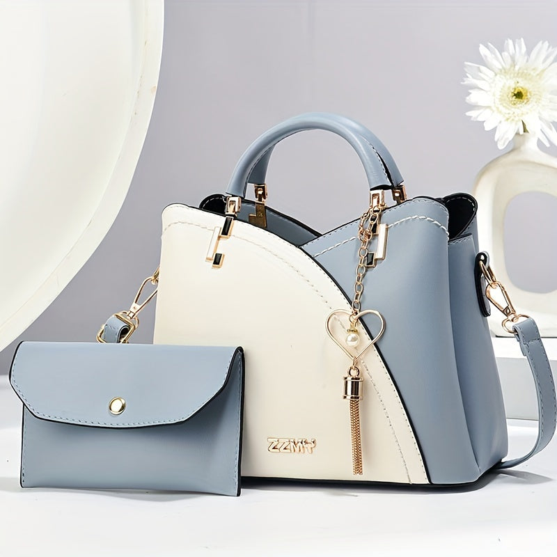 Elegant 2pcs Women's Handbag Set with Heart Tassel - Chic Colorblock Crossbody & Clutch Purse, Adjustable Strap, Magnetic Closure - Perfect Valentine's Gift