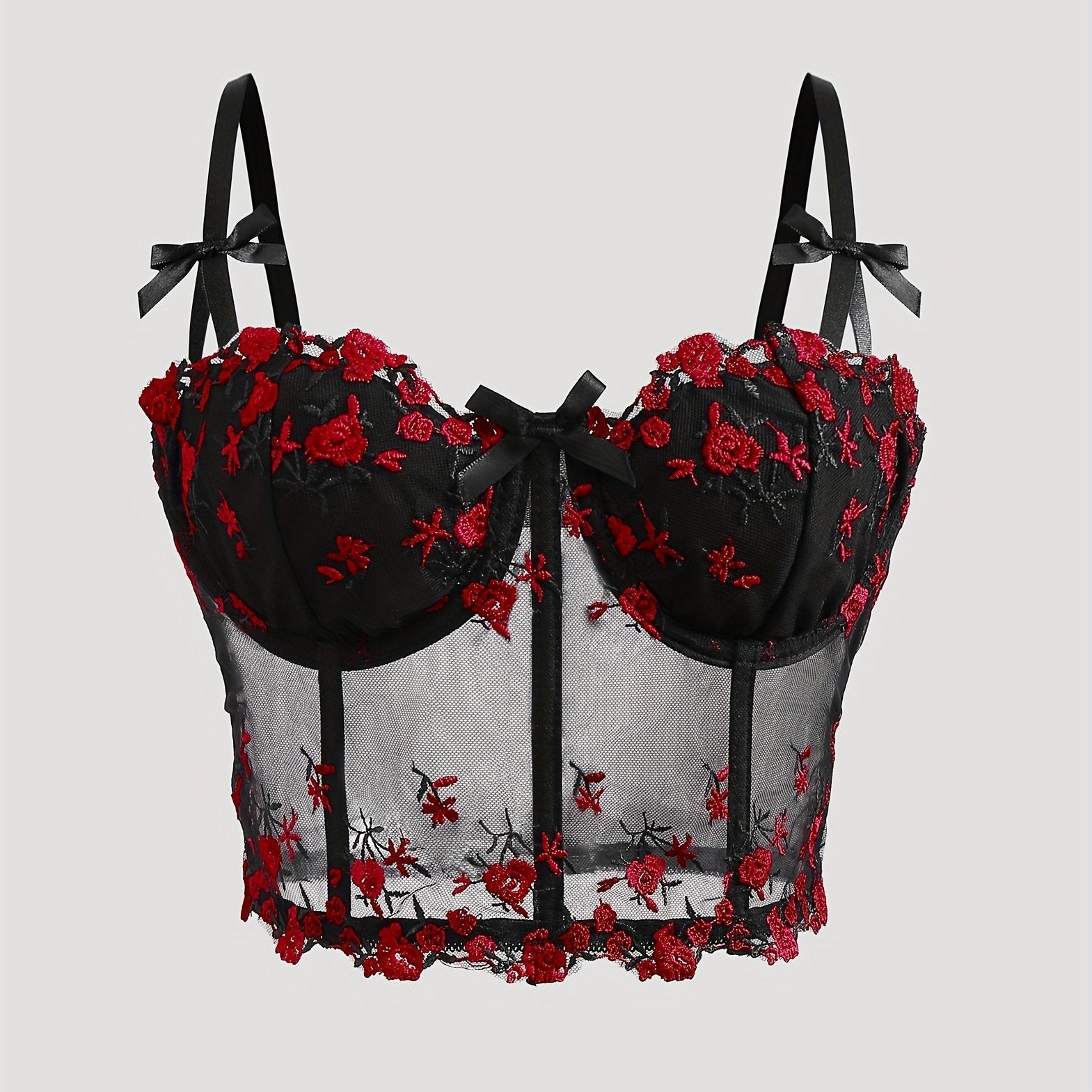Elegant Black & Red Rose Floral Lace Embroidered Corset Top - Sexy Low-Cut V-Neck Fishbone Mesh Bustier with Adjustable Straps for Women, Perfect for Spring/Summer/Fall, Autumn Clothing | Floral Embroidery | Rose Pattern Desi