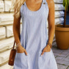 Women'S Sleeveless Casual Dress with Button Detail, Crew Neck, Striped Print, Double Pocket, Polyester 100%, Woven Fabric, 110g/m², All-Season A Pendulum Dress