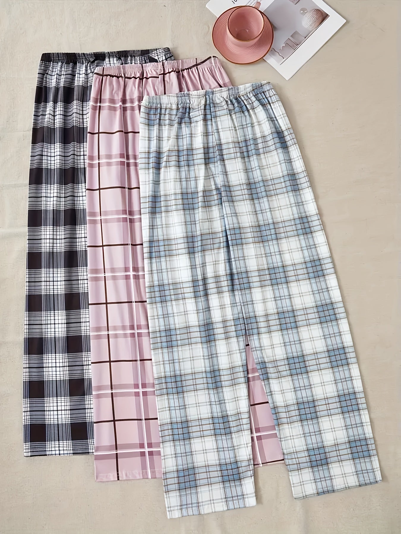Women's Fashion Pajamas and Home Clothes Pajama Pants Spring, Autumn and Winter Women's Three-Pack Pajama Pants Women's Bow Print Plaid Fashion Pajama Pants Three-piece Set with Elastic Waist Style Suitable for All Seasons Ho