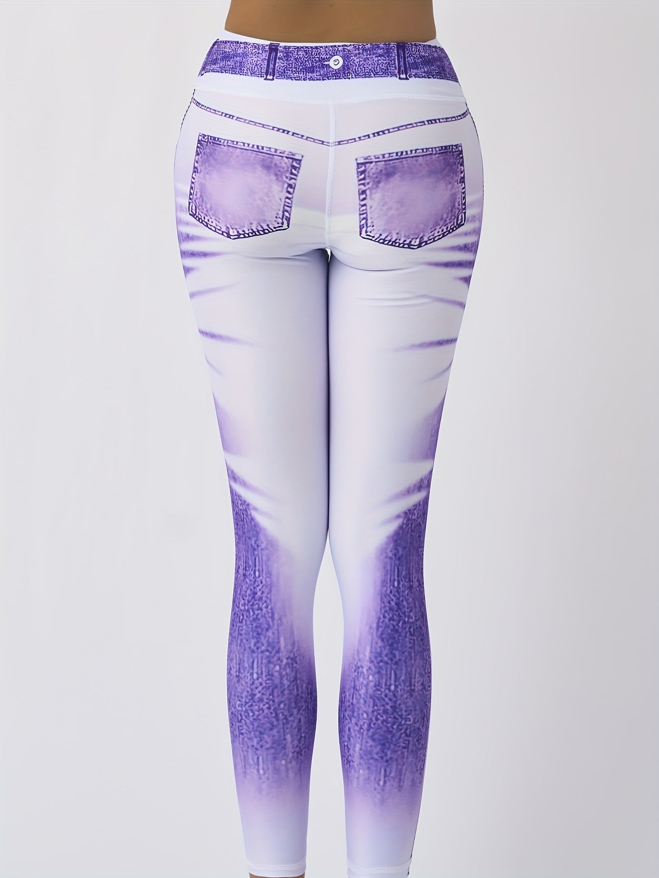 Women'S High-Waisted Denim Print Yoga Pants, 90% Polyester 10% Elastane, Skinny Fit, Long Length, All-Season Sports Leggings with Elastic Waist, Knit Fabric, 220g/m², for Running & Fitness