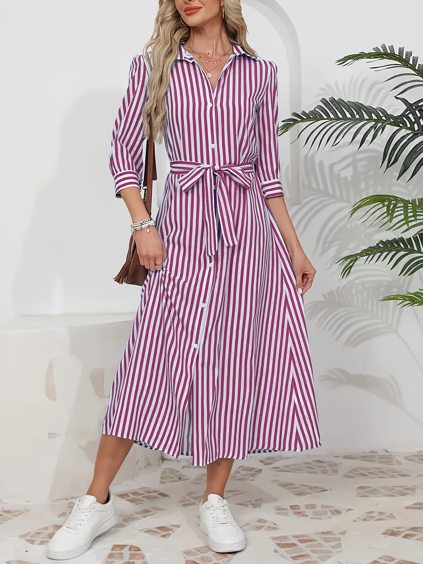 Elegant Long Sleeve Striped Shirt Dress with Waist Tie - Casual Commute Fashion for Women, All-Season Comfort, Three-Quarter Sleeve, Button-Up, Casual Attire | Stylish Casualwear | Polo Collar Dress